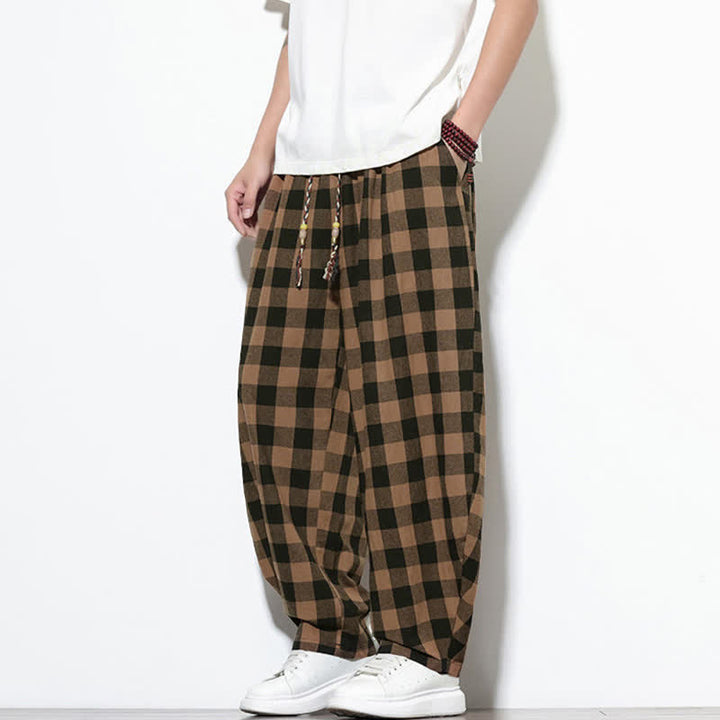 Buddha Stones Pantaloni harem da uomo estivi a vita alta con coulisse e motivo a quadri, con tasche. - image 17