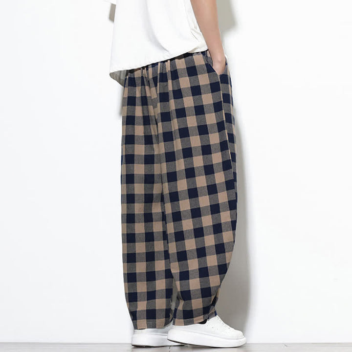 Buddha Stones Pantaloni harem da uomo estivi a vita alta con coulisse e motivo a quadri, con tasche. - image 28