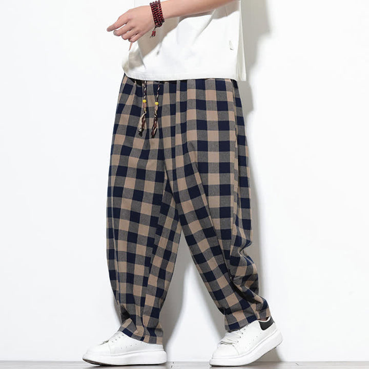 Buddha Stones Pantaloni harem da uomo estivi a vita alta con coulisse e motivo a quadri, con tasche. - image 34