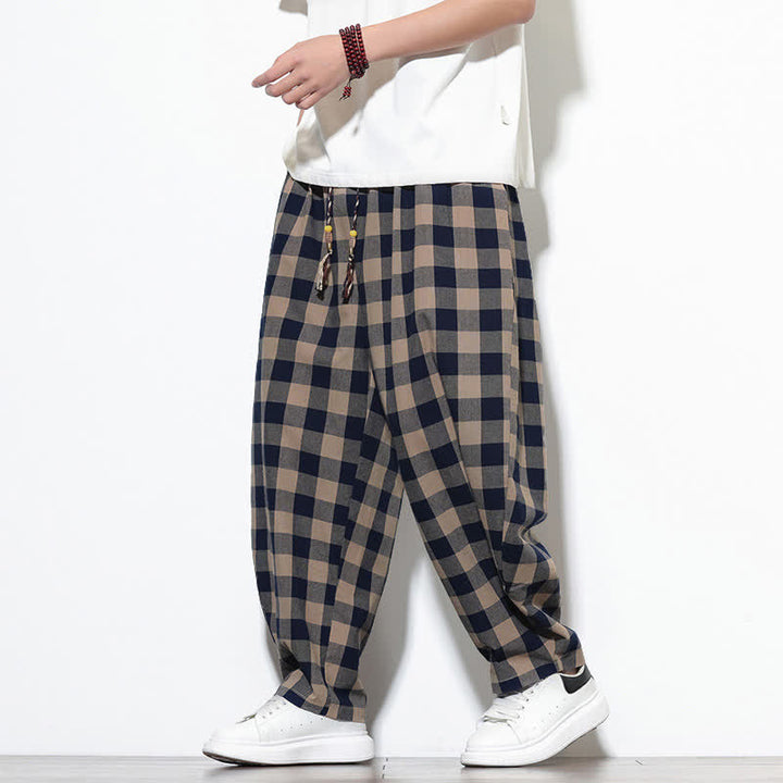 Buddha Stones Pantaloni harem da uomo estivi a vita alta con coulisse e motivo a quadri, con tasche. - image 35