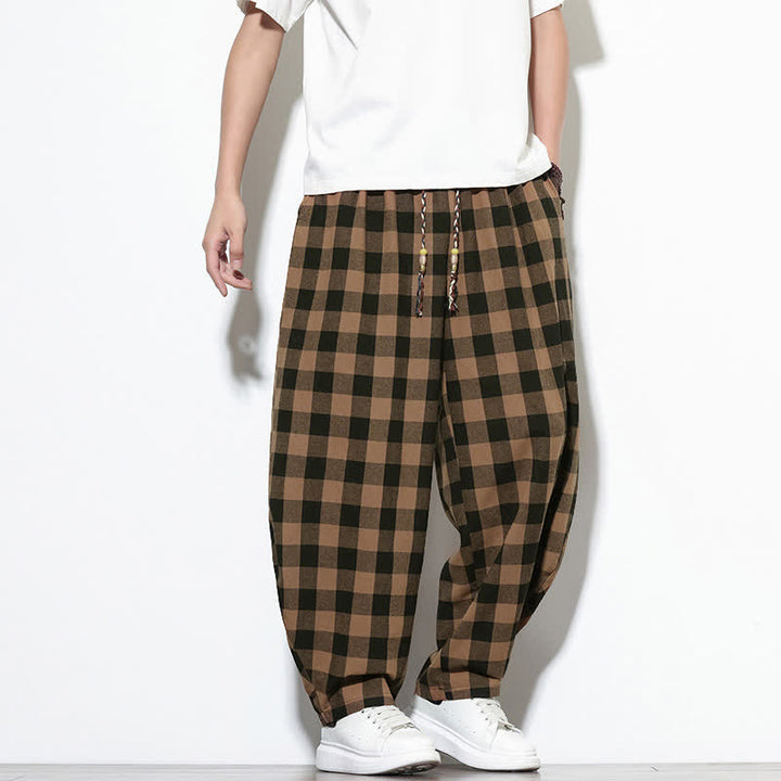 Buddha Stones Pantaloni harem da uomo estivi a vita alta con coulisse e motivo a quadri, con tasche. - image 12