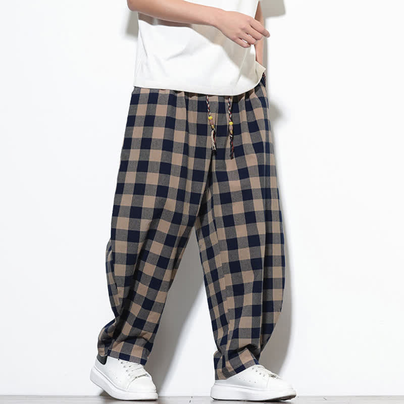 Buddha Stones Pantaloni harem da uomo estivi a vita alta con coulisse e motivo a quadri, con tasche. - image 27