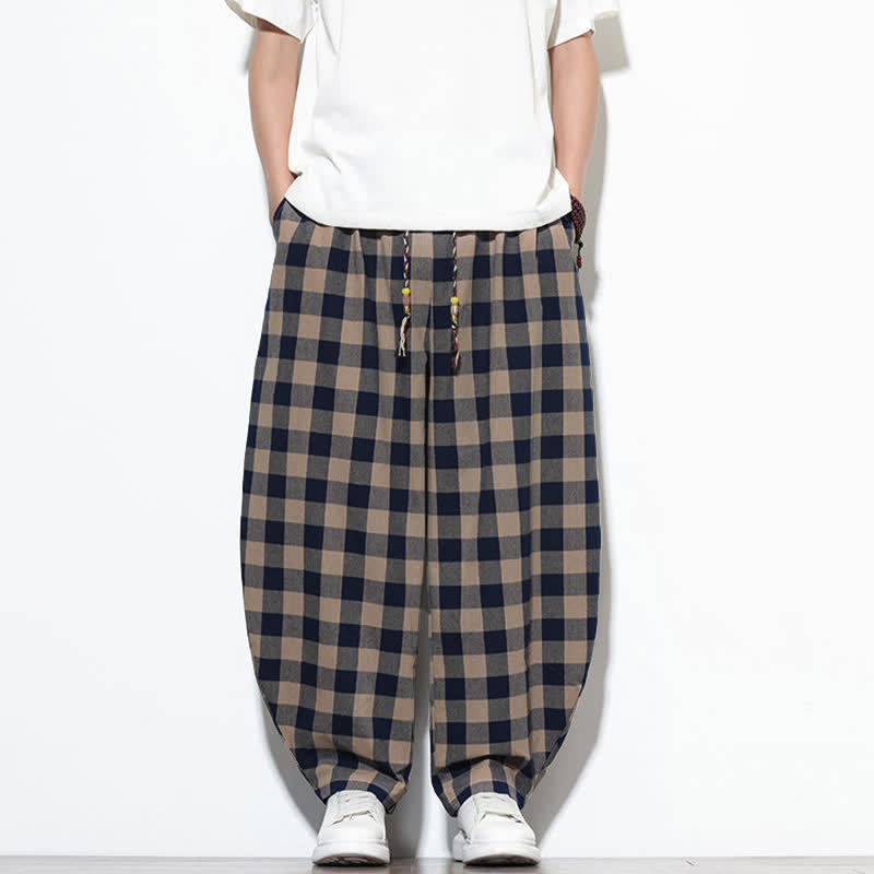 Buddha Stones Pantaloni harem da uomo estivi a vita alta con coulisse e motivo a quadri, con tasche. - image 32