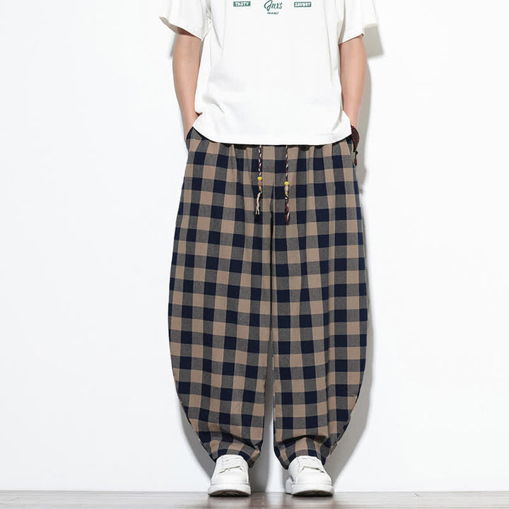 Buddha Stones Pantaloni harem da uomo estivi a vita alta con coulisse e motivo a quadri, con tasche. - image 30