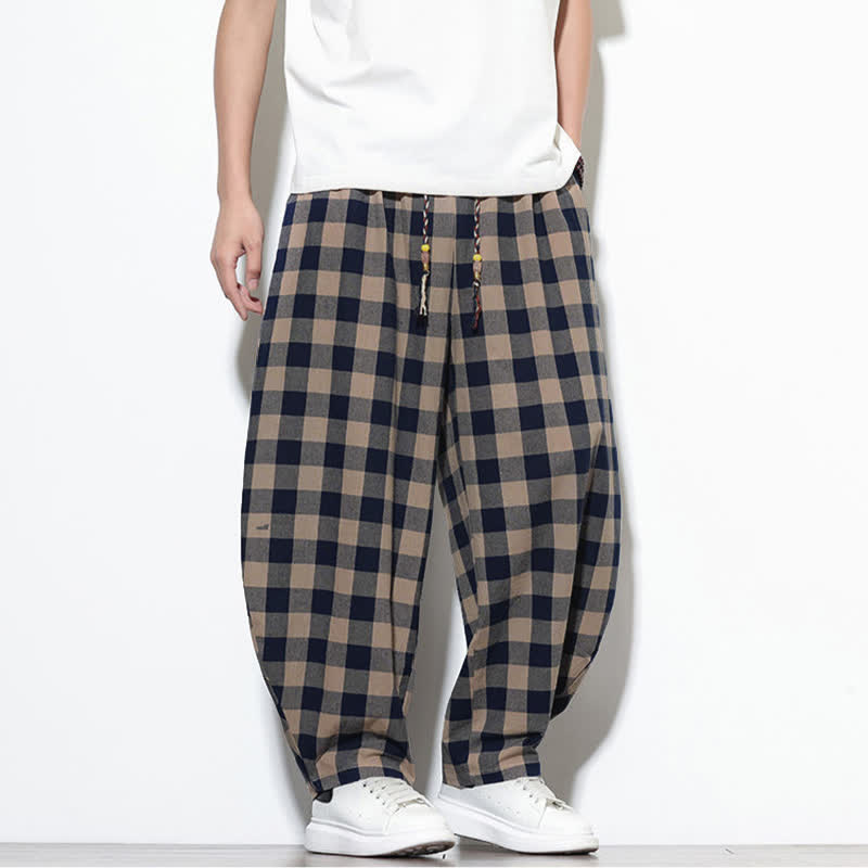 Buddha Stones Pantaloni harem da uomo estivi a vita alta con coulisse e motivo a quadri, con tasche. - image 33