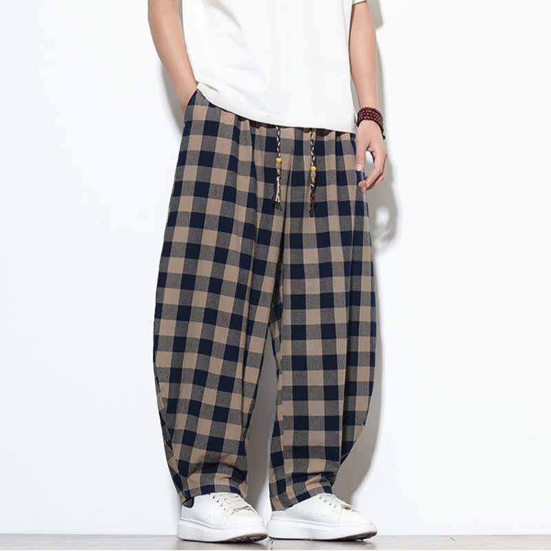 Buddha Stones Pantaloni harem da uomo estivi a vita alta con coulisse e motivo a quadri, con tasche. - image 29