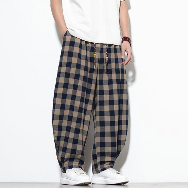 Buddha Stones Pantaloni harem da uomo estivi a vita alta con coulisse e motivo a quadri, con tasche. - image 29