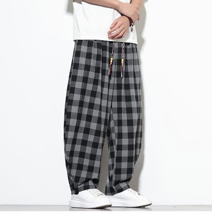 Buddha Stones Pantaloni harem da uomo estivi a vita alta con coulisse e motivo a quadri, con tasche. - image 3