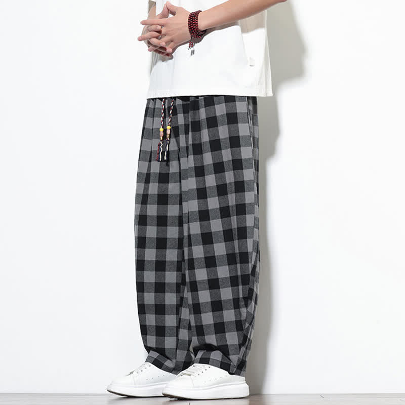 Buddha Stones Pantaloni harem da uomo estivi a vita alta con coulisse e motivo a quadri, con tasche. - image 2