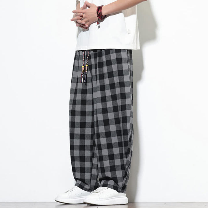 Buddha Stones Pantaloni harem da uomo estivi a vita alta con coulisse e motivo a quadri, con tasche. - image 2