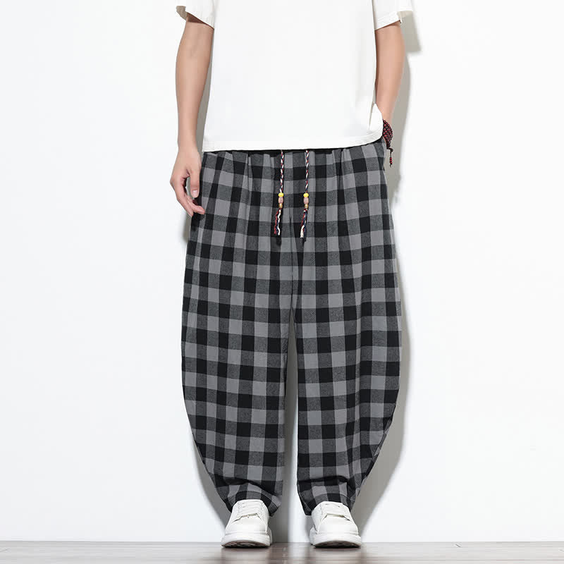 Buddha Stones Pantaloni harem da uomo estivi a vita alta con coulisse e motivo a quadri, con tasche. - image 1