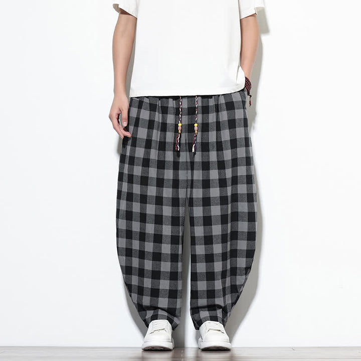 Buddha Stones Pantaloni harem da uomo estivi a vita alta con coulisse e motivo a quadri, con tasche. - image 1