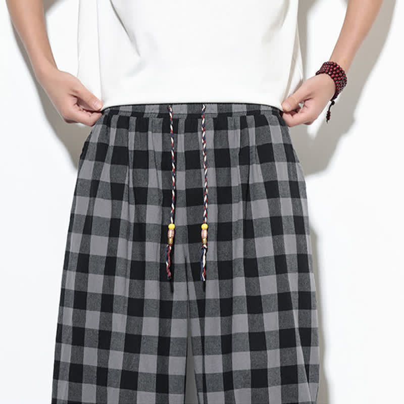 Buddha Stones Pantaloni harem da uomo estivi a vita alta con coulisse e motivo a quadri, con tasche. - image 8