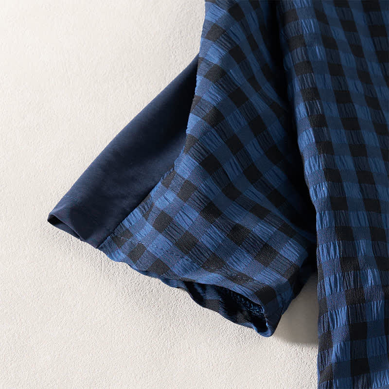 Buddha Stones Abito estivo da donna a maniche corte, blu notte, a trapezio, con pieghe e scollo rotondo, lunghezza al ginocchio. - image 6