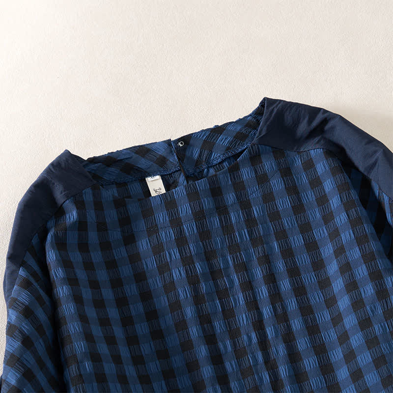 Buddha Stones Abito estivo da donna a maniche corte, blu notte, a trapezio, con pieghe e scollo rotondo, lunghezza al ginocchio. - image 4