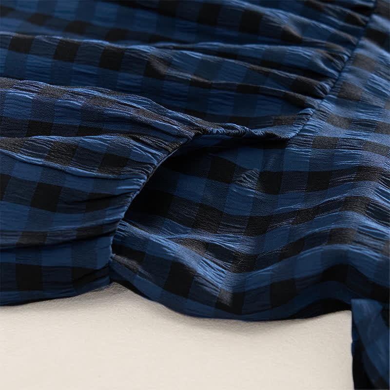 Buddha Stones Abito estivo da donna a maniche corte, blu notte, a trapezio, con pieghe e scollo rotondo, lunghezza al ginocchio. - image 8