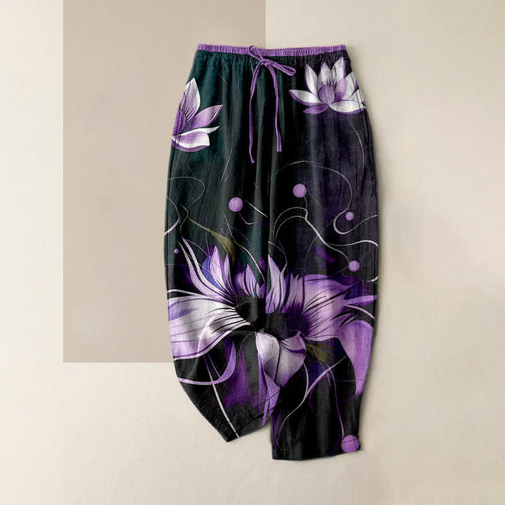 Buddha Stones Pantaloni da donna in puro cotone viola con stampa loto e vita elasticizzata, con tasche. - Nero - US16, UK/AU20, EU48 (3XL) - image 0