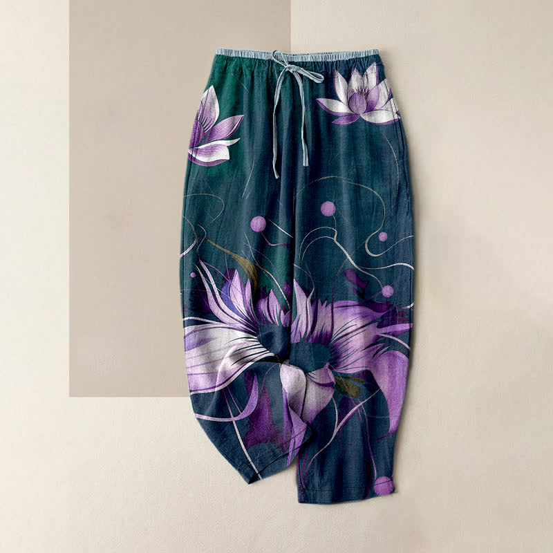 Buddha Stones Pantaloni da donna in puro cotone viola con stampa loto e vita elasticizzata, con tasche. - Verde acqua - US16, UK/AU20, EU48 (3XL) - image 4