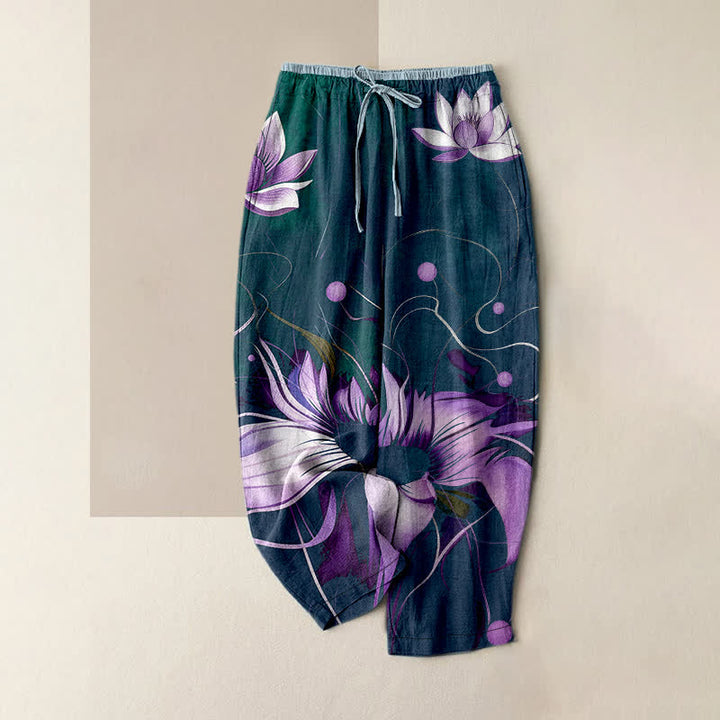 Buddha Stones Pantaloni da donna in puro cotone viola con stampa loto e vita elasticizzata, con tasche. - Verde acqua - US16, UK/AU20, EU48 (3XL) - image 4