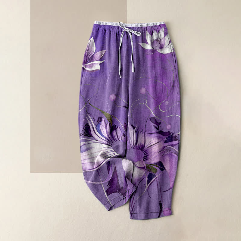 Buddha Stones Pantaloni da donna in puro cotone viola con stampa loto e vita elasticizzata, con tasche. - Viola medio - US16, UK/AU20, EU48 (3XL) - image 5