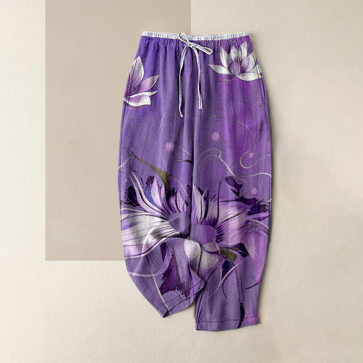 Buddha Stones Pantaloni da donna in puro cotone viola con stampa loto e vita elasticizzata, con tasche. - Viola medio - US16, UK/AU20, EU48 (3XL) - image 5