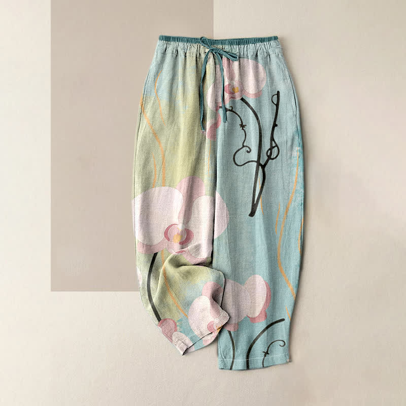 Buddha Stones Pantaloni da donna in cotone con stampa di orchidee, coulisse in vita elasticizzata e tasche. - Azzurro polvere - US16, UK/AU20, EU48 (3XL) - image 0