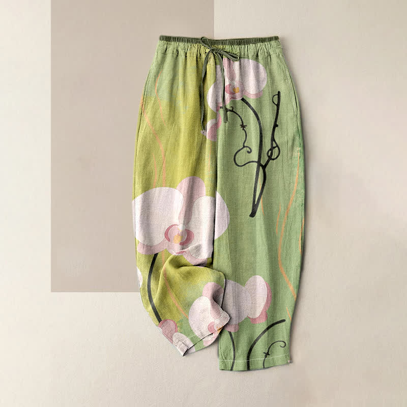 Buddha Stones Pantaloni da donna in cotone con stampa di orchidee, coulisse in vita elasticizzata e tasche. - Verde Mare Scuro - US16, UK/AU20, EU48 (3XL) - image 3