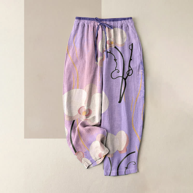 Buddha Stones Pantaloni da donna in cotone con stampa di orchidee, coulisse in vita elasticizzata e tasche. - Viola medio - US16, UK/AU20, EU48 (3XL) - image 4
