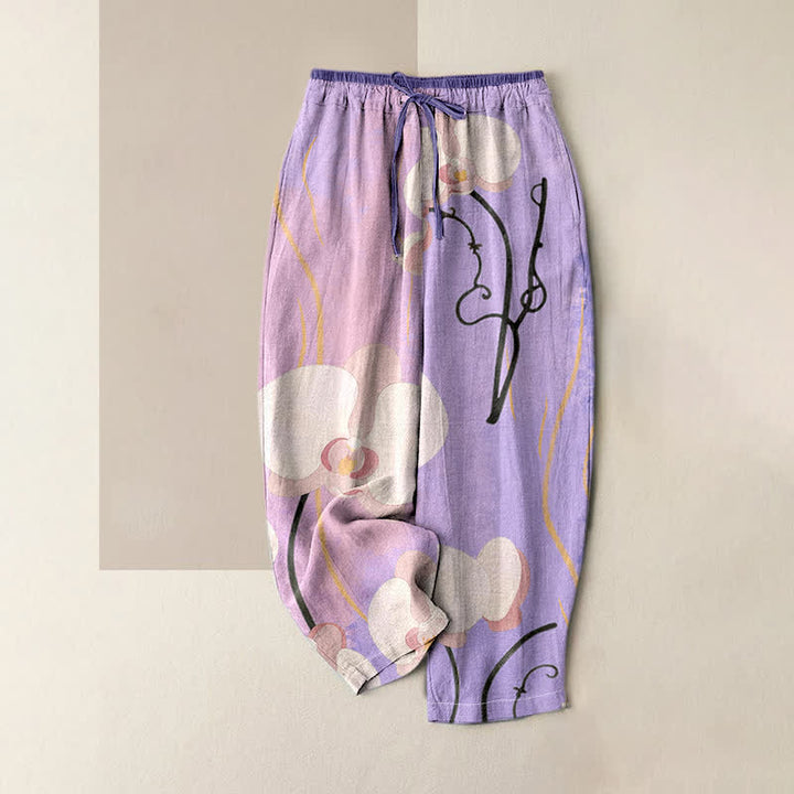 Buddha Stones Pantaloni da donna in cotone con stampa di orchidee, coulisse in vita elasticizzata e tasche. - Viola medio - US16, UK/AU20, EU48 (3XL) - image 4