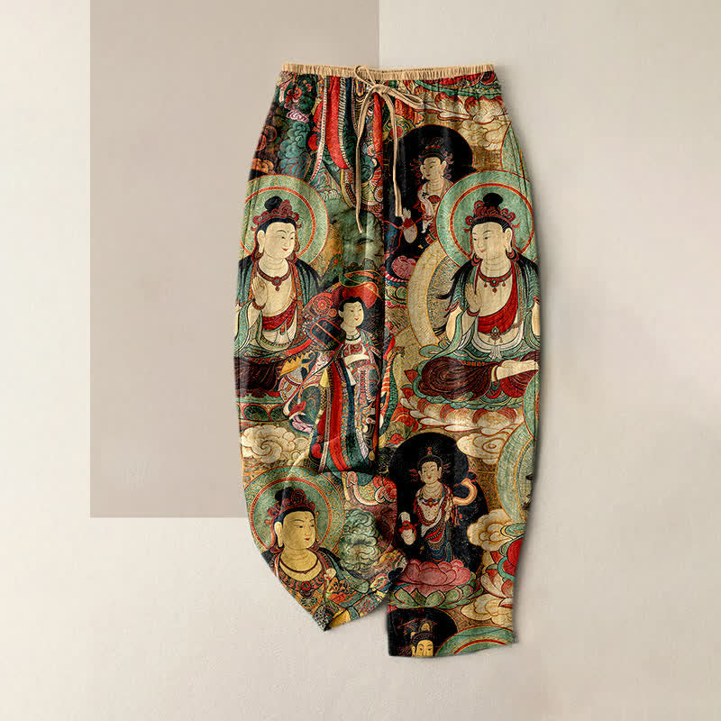 Buddha Stones Pantaloni da donna in puro cotone con elastico in vita e motivo a più Buddha, con tasche. - NavajoWhite - US16, UK/AU20, EU48 (3XL) - image 0