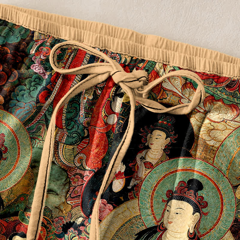 Buddha Stones Pantaloni da donna in puro cotone con elastico in vita e motivo a più Buddha, con tasche. - image 1