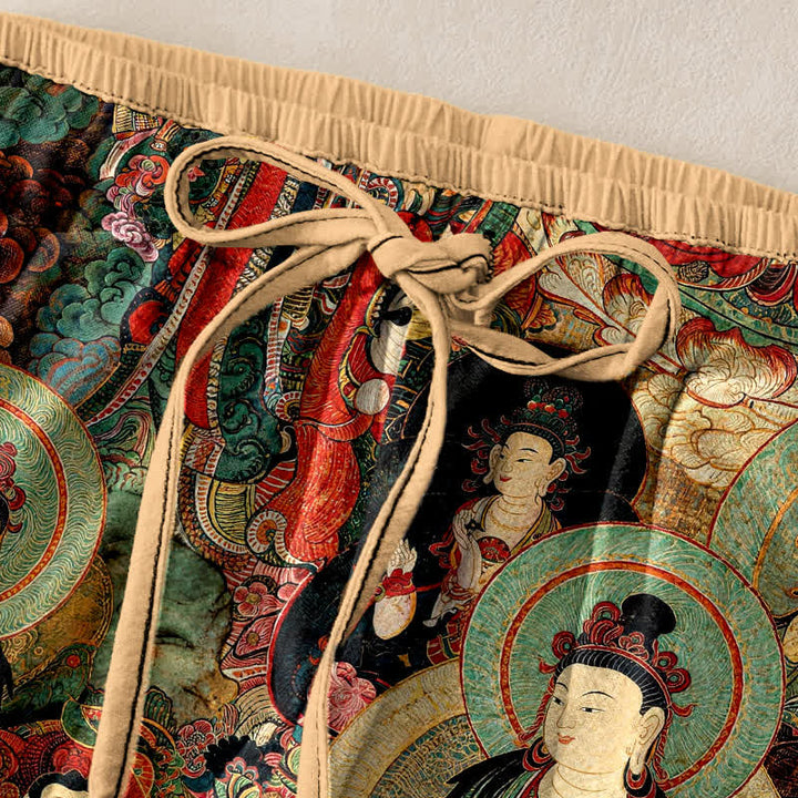 Buddha Stones Pantaloni da donna in puro cotone con elastico in vita e motivo a più Buddha, con tasche. - image 1