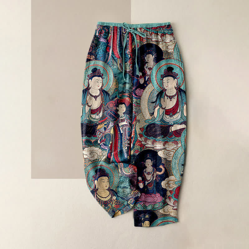 Buddha Stones Pantaloni da donna in puro cotone con elastico in vita e motivo a più Buddha, con tasche. - Turchese - US16, UK/AU20, EU48 (3XL) - image 4