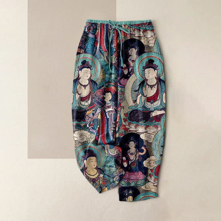 Buddha Stones Pantaloni da donna in puro cotone con elastico in vita e motivo a più Buddha, con tasche. - Turchese - US16, UK/AU20, EU48 (3XL) - image 4