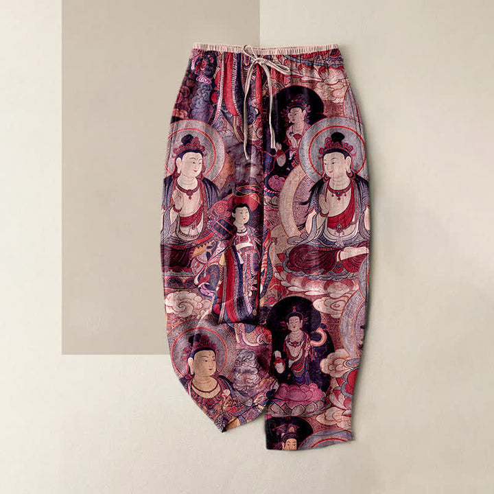 Buddha Stones Pantaloni da donna in puro cotone con elastico in vita e motivo a più Buddha, con tasche. - Rosa - US16, UK/AU20, EU48 (3XL) - image 5