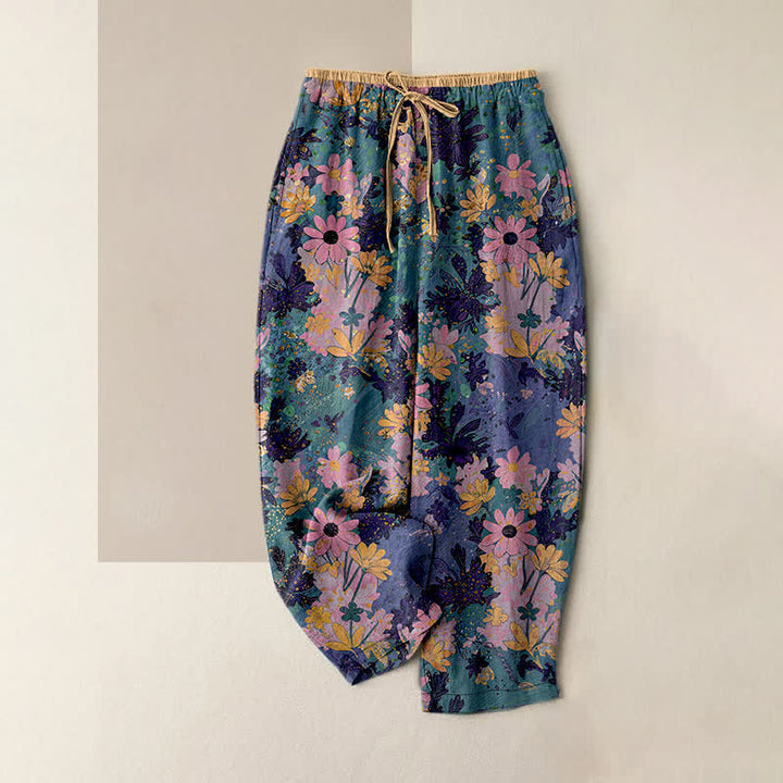 Buddha Stones Pantaloni da donna in puro cotone con elastico in vita e stampa floreale colorata, con tasche. - Ciano scuro - US16, UK/AU20, EU48 (3XL) - image 0