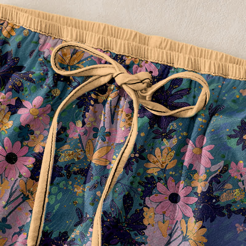 Buddha Stones Pantaloni da donna in puro cotone con elastico in vita e stampa floreale colorata, con tasche. - image 1