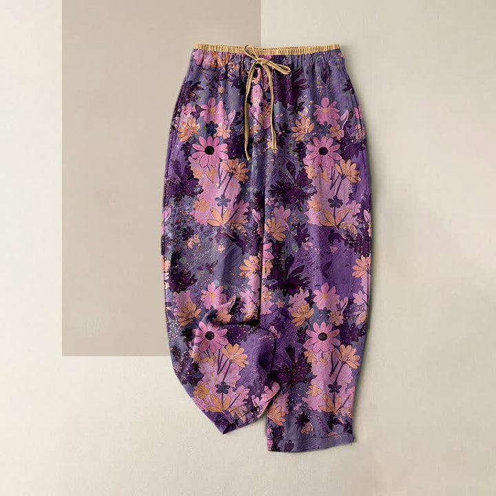 Buddha Stones Pantaloni da donna in puro cotone con elastico in vita e stampa floreale colorata, con tasche. - Orchidea scura - US16, UK/AU20, EU48 (3XL) - image 4