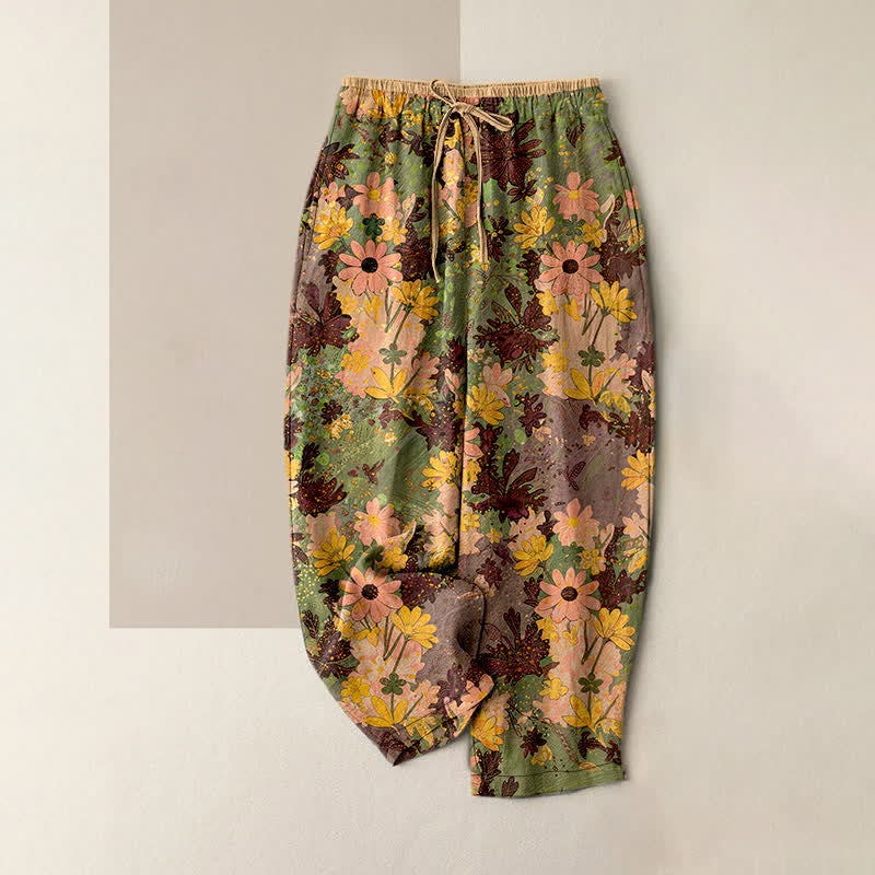 Buddha Stones Pantaloni da donna in puro cotone con elastico in vita e stampa floreale colorata, con tasche. - Verde oliva - US16, UK/AU20, EU48 (3XL) - image 5