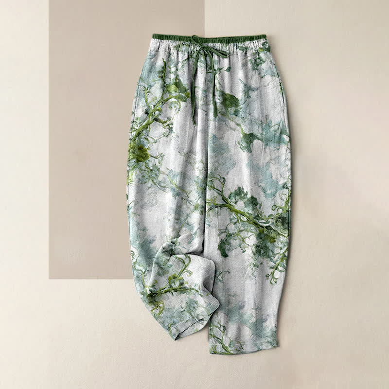 Buddha Stones Pantaloni da donna in puro cotone con stampa floreale e rami, con tasche. - Verde acqua - US16, UK/AU20, EU48 (3XL) - image 0