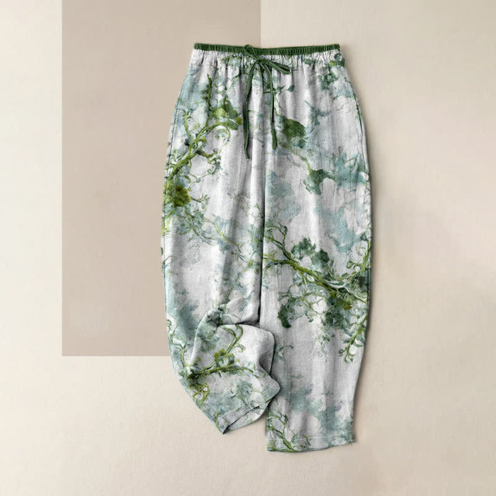 Buddha Stones Pantaloni da donna in puro cotone con stampa floreale e rami, con tasche. - Verde acqua - US16, UK/AU20, EU48 (3XL) - image 0