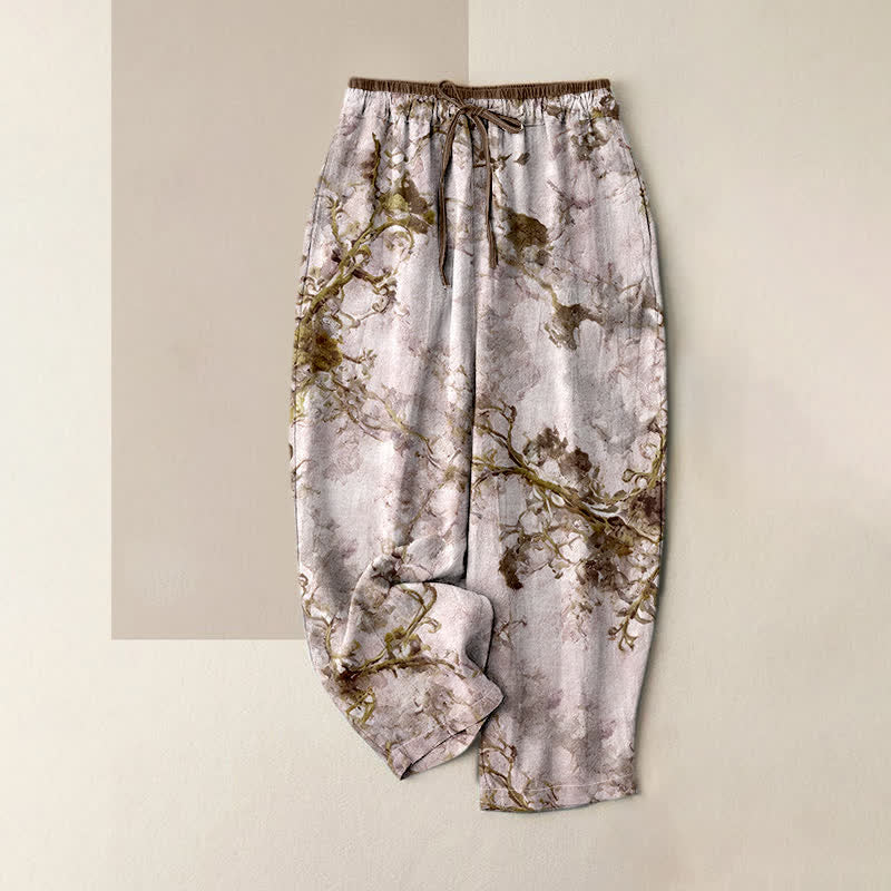 Buddha Stones Pantaloni da donna in puro cotone con stampa floreale e rami, con tasche. - Verga d'oro scura - US16, UK/AU20, EU48 (3XL) - image 3