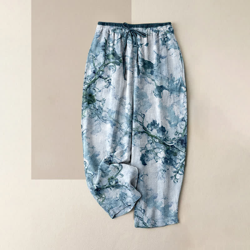 Buddha Stones Pantaloni da donna in puro cotone con stampa floreale e rami, con tasche. - Verde mare - US16, UK/AU20, EU48 (3XL) - image 4