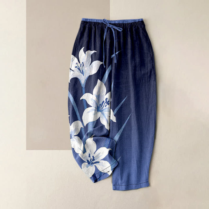 Buddha Stones Pantaloni da donna in puro cotone con stampa di gigli, elastico in vita e coulisse, con tasche. - Blu reale - US16, UK/AU20, EU48 (3XL) - image 0
