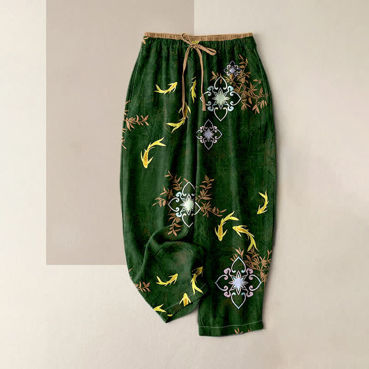 Buddha Stones Pantaloni da donna in cotone con coulisse e tasche, con stampa di carpe koi e motivo geometrico. - Verde scuro - US16, UK/AU20, EU48 (3XL) - image 0