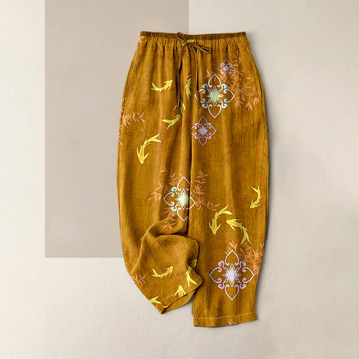 Buddha Stones Pantaloni da donna in cotone con coulisse e tasche, con stampa di carpe koi e motivo geometrico. - Verga d'oro scura - US16, UK/AU20, EU48 (3XL) - image 6