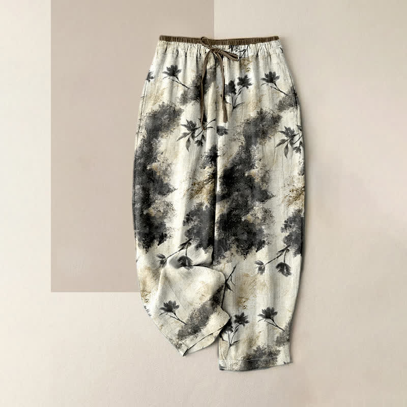 Buddha Stones Pantaloni da donna in puro cotone con coulisse elastica e stampa floreale effetto inchiostro, con tasche. - Beige - US16, UK/AU20, EU48 (3XL) - image 0