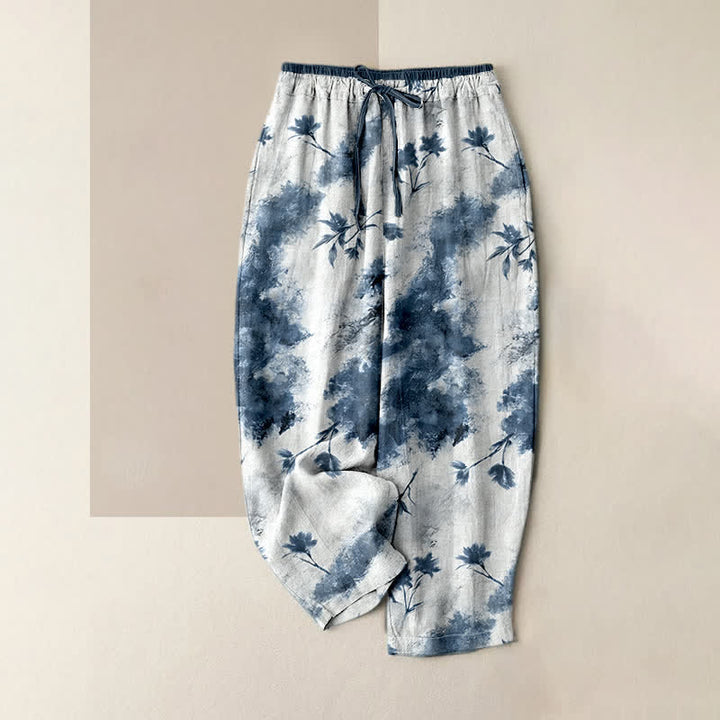 Buddha Stones Pantaloni da donna in puro cotone con coulisse elastica e stampa floreale effetto inchiostro, con tasche. - SteelBlue - US16, UK/AU20, EU48 (3XL) - image 3