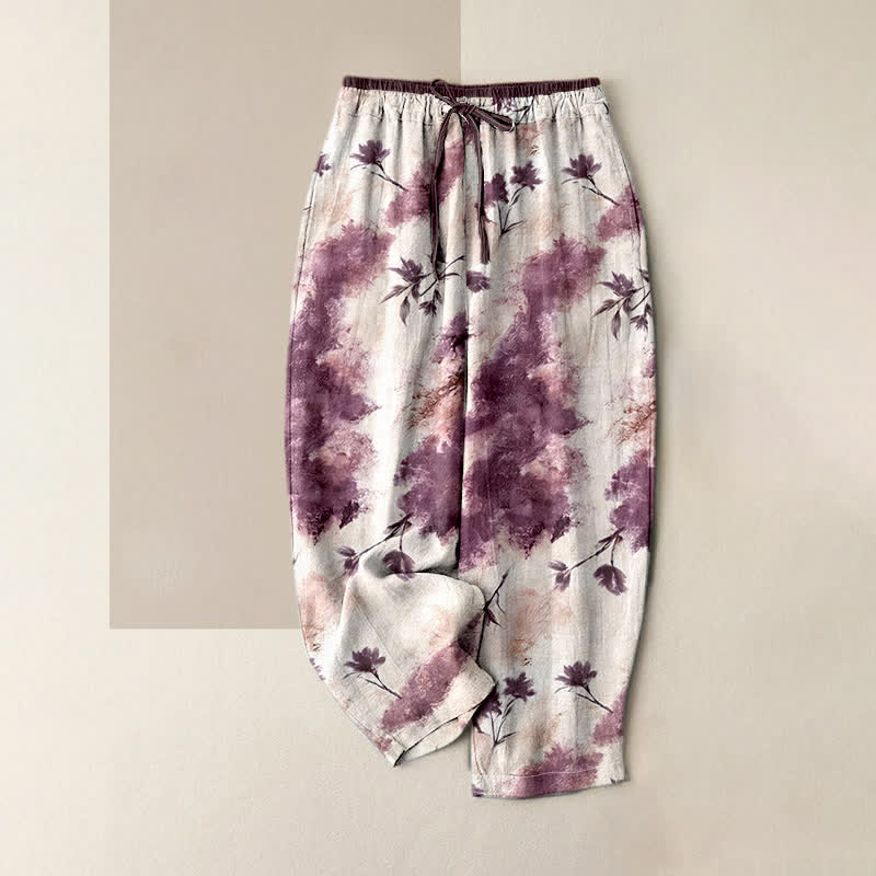 Buddha Stones Pantaloni da donna in puro cotone con coulisse elastica e stampa floreale effetto inchiostro, con tasche. - Rosso viola pallido - US16, UK/AU20, EU48 (3XL) - image 6