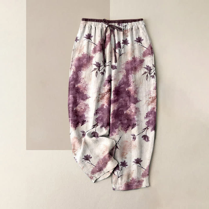 Buddha Stones Pantaloni da donna in puro cotone con coulisse elastica e stampa floreale effetto inchiostro, con tasche. - Rosso viola pallido - US16, UK/AU20, EU48 (3XL) - image 6